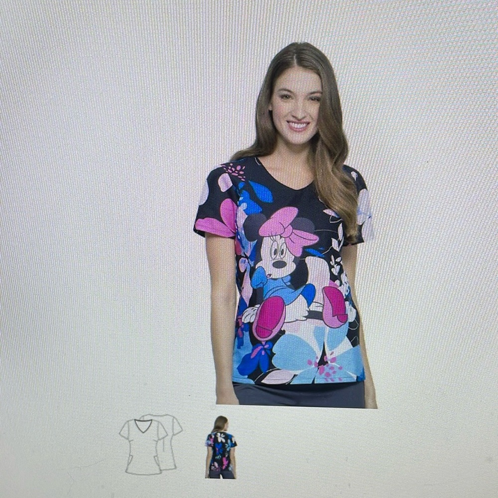 Women’s Disney Minnie Mouse Oops-A-Daisy Print Scrub Top NWT